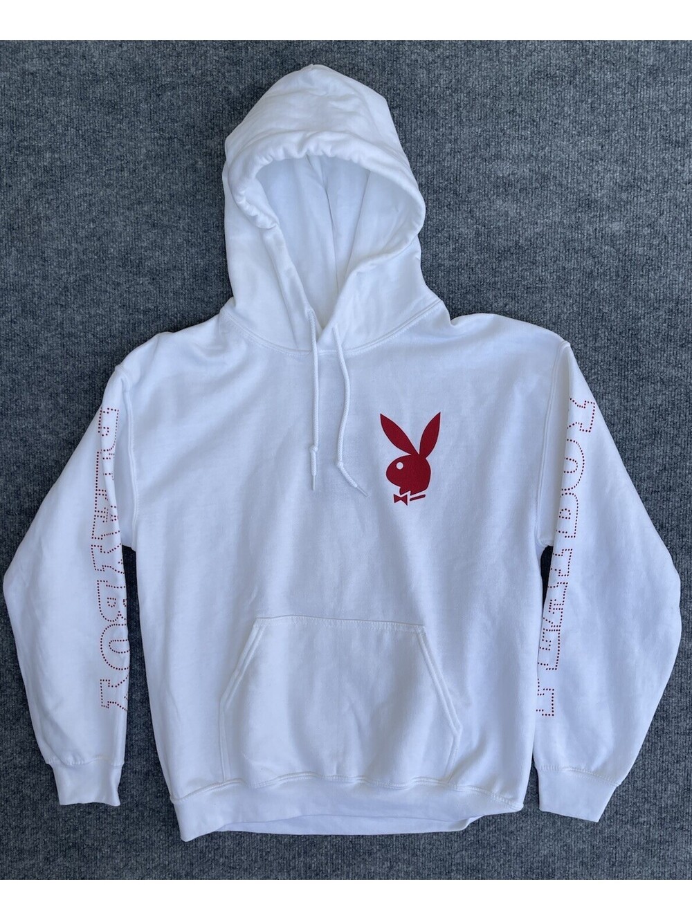 Playboy White Hoodie Red Logo Graphic Pullover Sweatshirt New w/ Discoloration